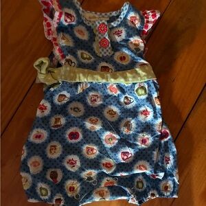 Matilda Jane Blue and Green Apple Teacup Romper Boutique 3-6 Months